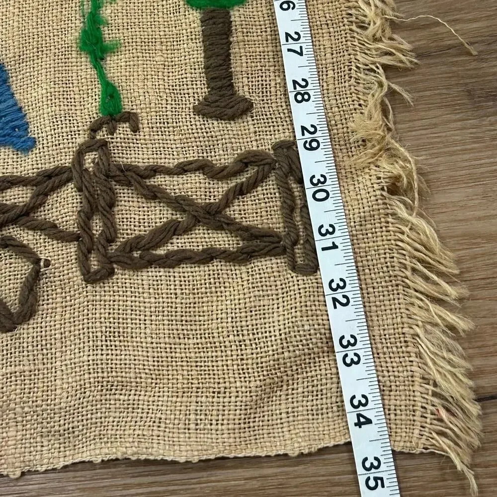 Vintage 1950s Handmade Primitive Farm Folk Art Embroidered Burlap Wall Hanging -